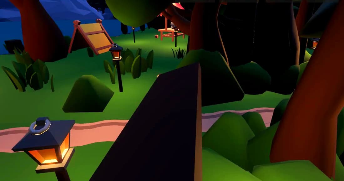 A Storyloom camp world glowing at night